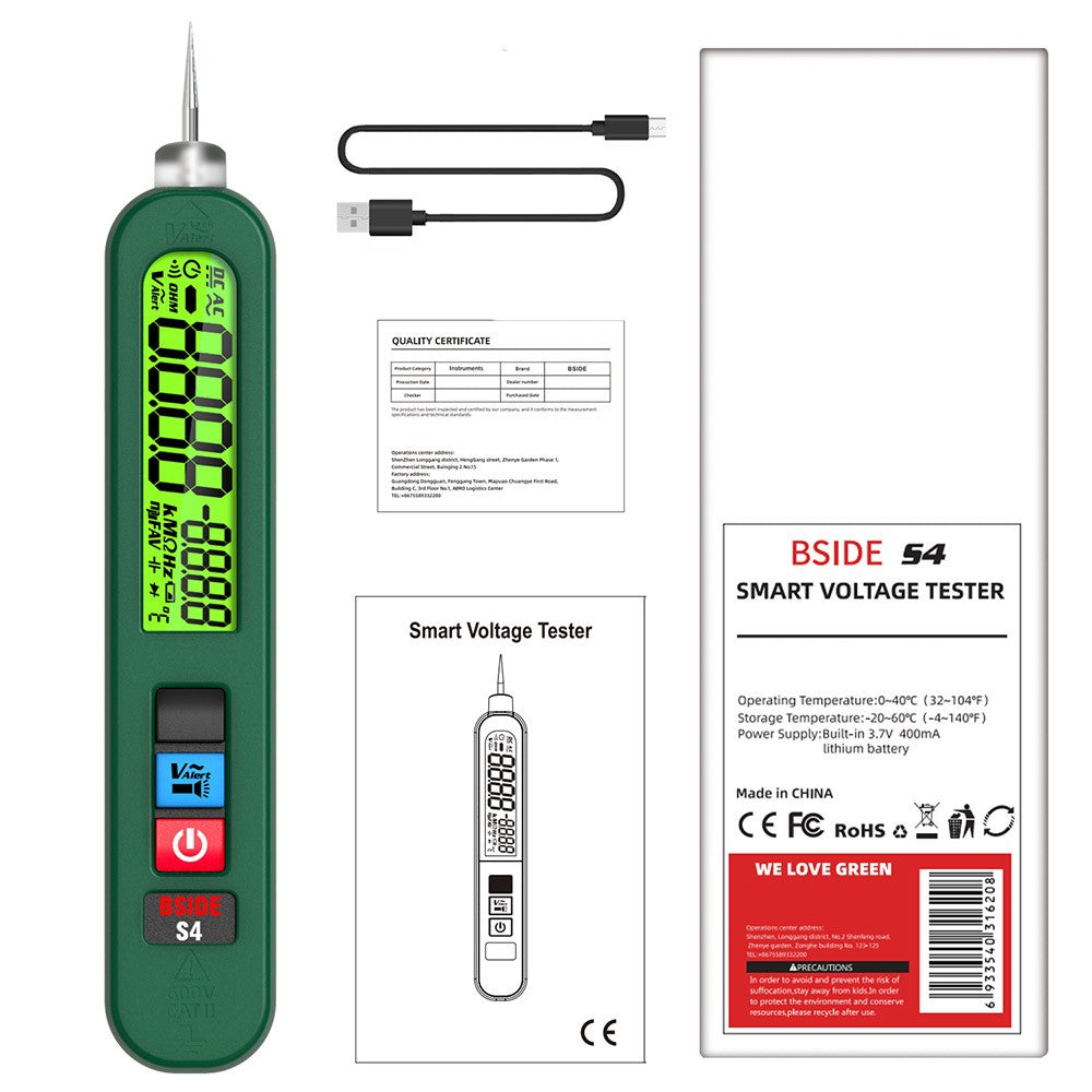 BSIDE S4 Smart Voltage Tester, 12-300V Auto Range, Non-Contact, Zero/Live Wire Detection, LED Flashlight, LCD Display - Green