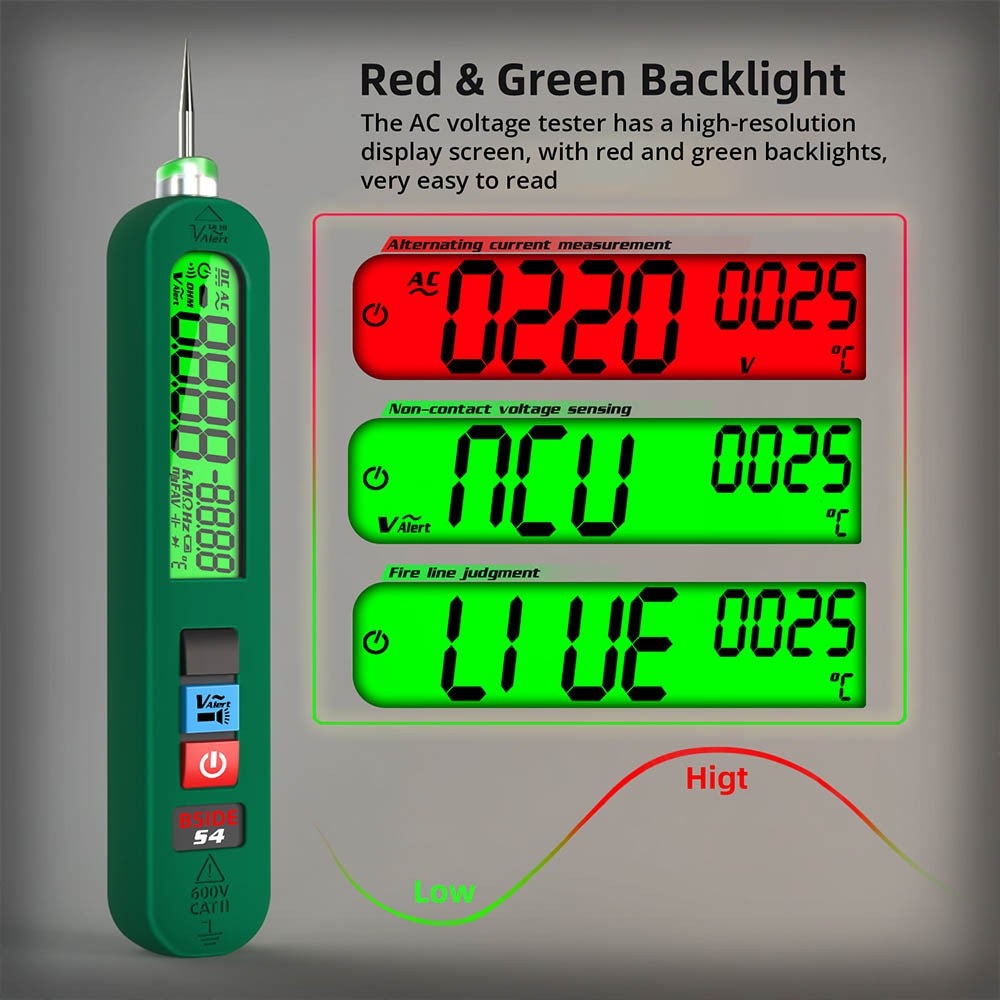 BSIDE S4 Smart Voltage Tester, 12-300V Auto Range, Non-Contact, Zero/Live Wire Detection, LED Flashlight, LCD Display - Green