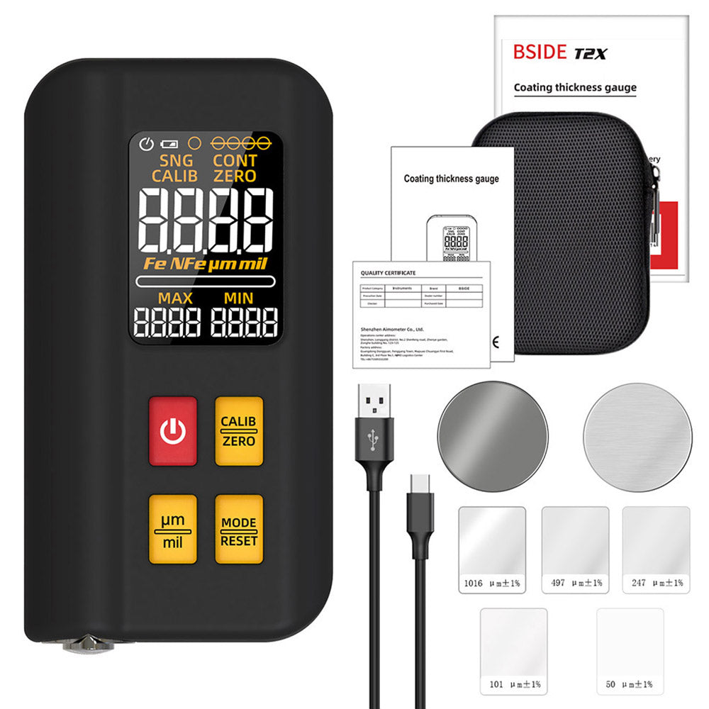BSIDE T2X Coating Thickness Gauge, Color LCD Screen, Rechargeable Automotive Paint Film Thickness Tester, 0.1 Micrometer/0-1500μm - Black