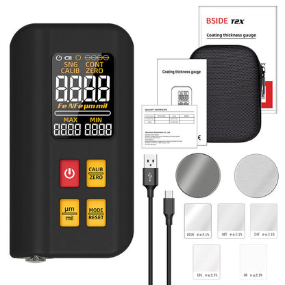 BSIDE T2X Coating Thickness Gauge, Color LCD Screen, Rechargeable Automotive Paint Film Thickness Tester, 0.1 Micrometer/0-1500μm - Black