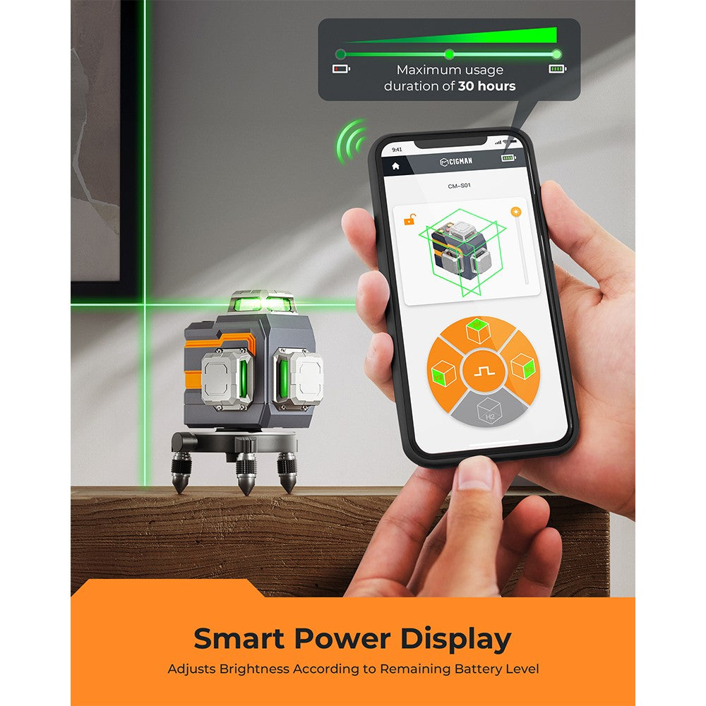 CIGMAN CM-S01 12 Lines Laser Level, With APP Control, 3x360&#176;, Self-leveling &amp; Manual Mode, Stepless Dimming, 30h Max. Usage Time, IP54 Waterproof