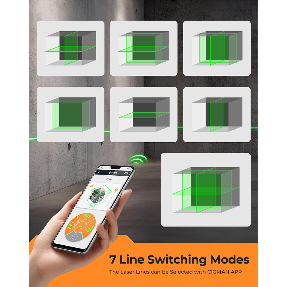 CIGMAN CM-S01 12 Lines Laser Level, With APP Control, 3x360&#176;, Self-leveling &amp; Manual Mode, Stepless Dimming, 30h Max. Usage Time, IP54 Waterproof