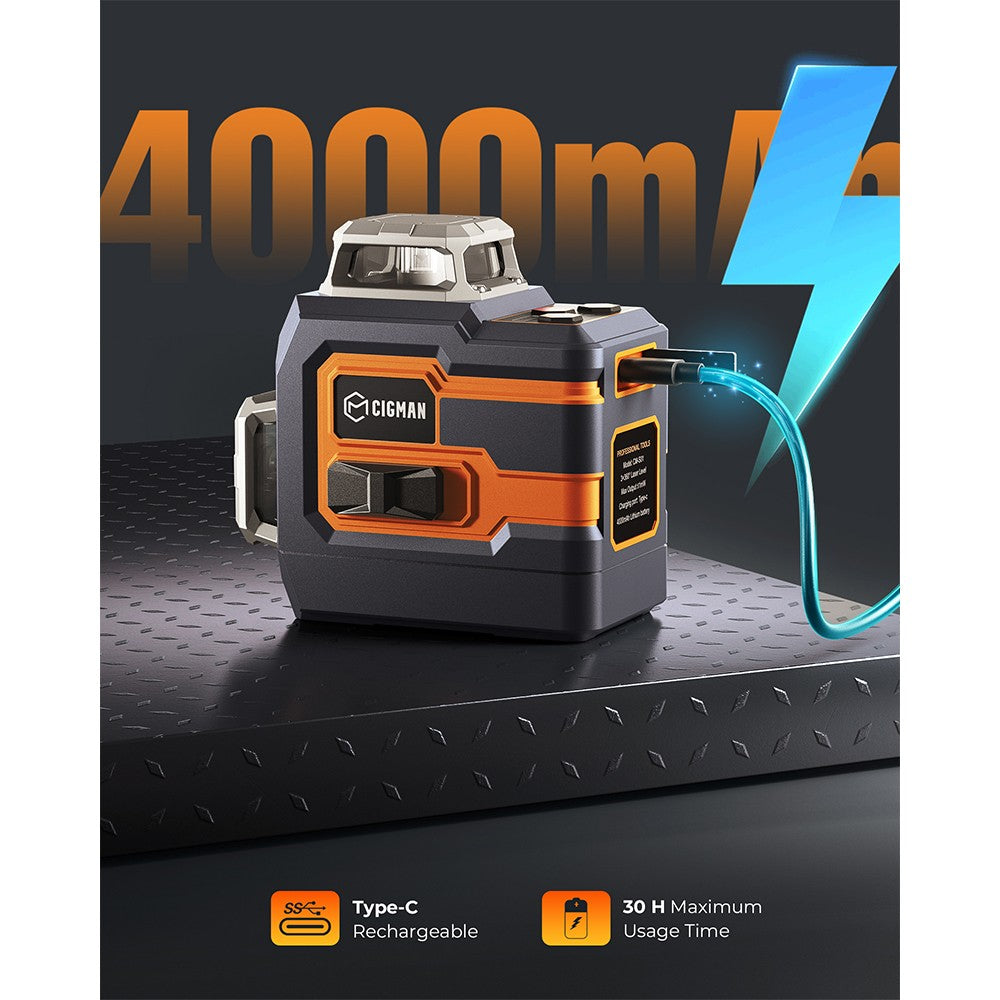CIGMAN CM-S01 12 Lines Laser Level, With APP Control, 3x360&#176;, Self-leveling &amp; Manual Mode, Stepless Dimming, 30h Max. Usage Time, IP54 Waterproof