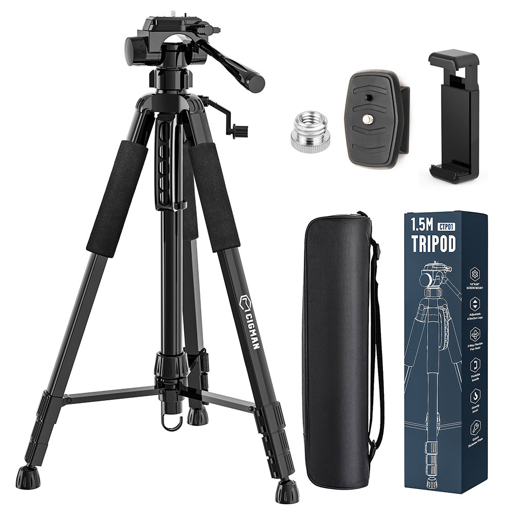 CIGMAN CTP01 1.5m/59inch Laser Level Tripod, with 3-Way Swivel Pan Head and Phone Holder, Quick Release Plate with 1/4&quot; Screw Mount &amp; 5/8&quot; UNF Adapter Nut