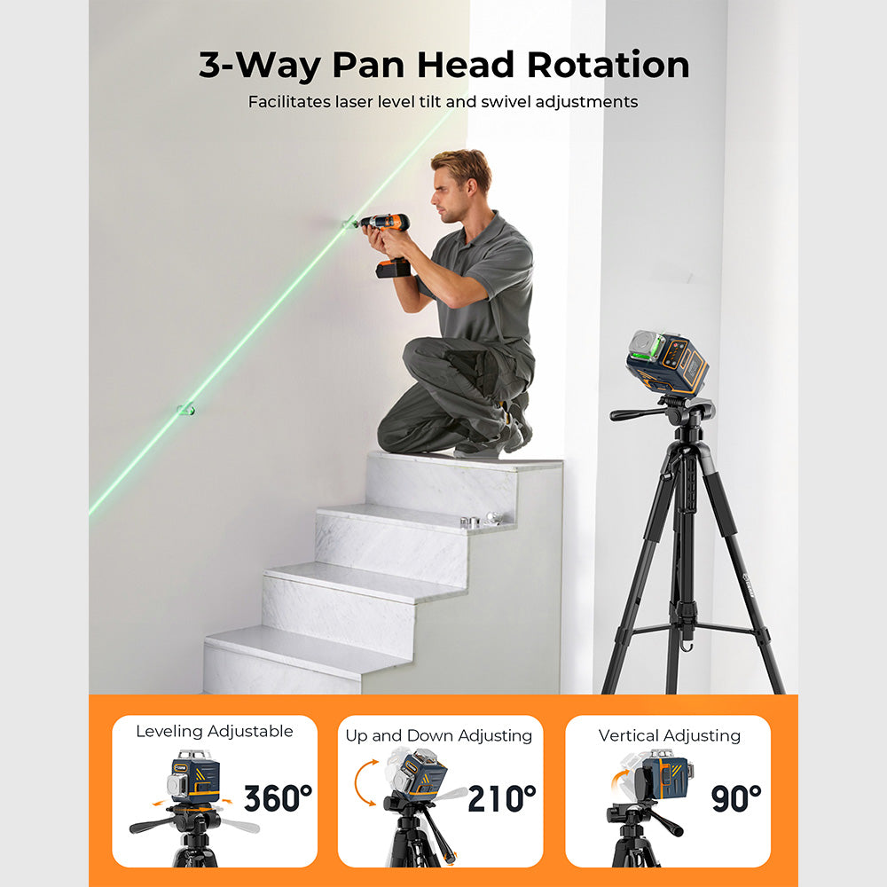 CIGMAN CTP01 1.5m/59inch Laser Level Tripod, with 3-Way Swivel Pan Head and Phone Holder, Quick Release Plate with 1/4&quot; Screw Mount &amp; 5/8&quot; UNF Adapter Nut