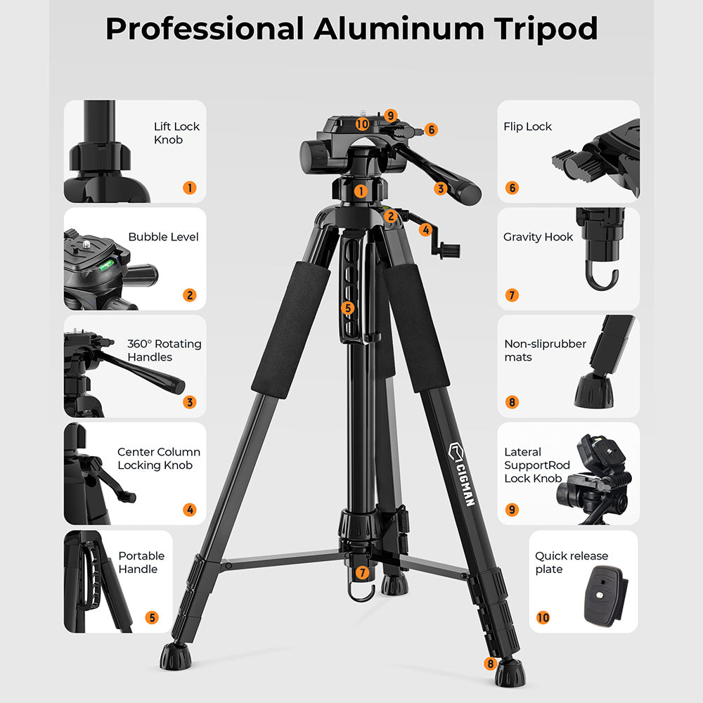 CIGMAN CTP01 1.5m/59inch Laser Level Tripod, with 3-Way Swivel Pan Head and Phone Holder, Quick Release Plate with 1/4&quot; Screw Mount &amp; 5/8&quot; UNF Adapter Nut
