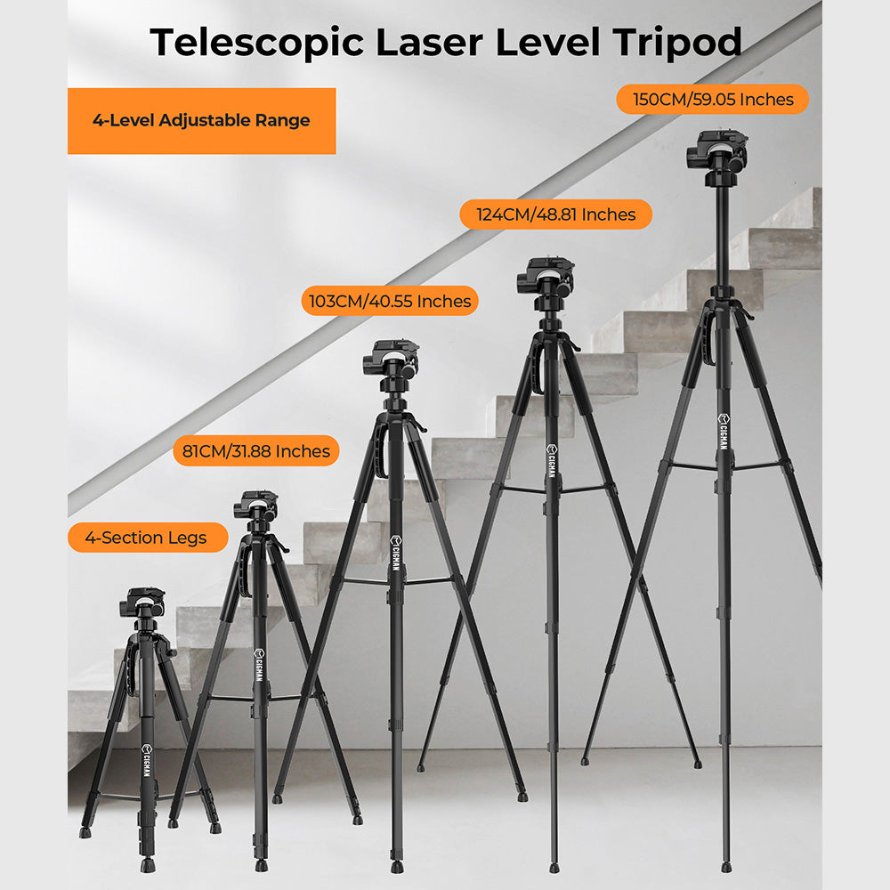 CIGMAN CTP01 1.5m/59inch Laser Level Tripod, with 3-Way Swivel Pan Head and Phone Holder, Quick Release Plate with 1/4&quot; Screw Mount &amp; 5/8&quot; UNF Adapter Nut