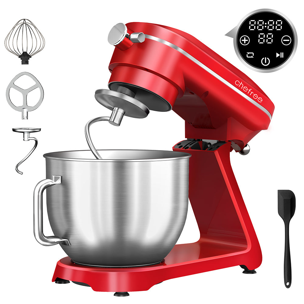 Chefree M500 Kitchen Stand Mixer, 7L Stainless Steel Bowl Dough Machine, 10 Speed Levels, 3 Mixing Attachments, 1800W Power, Red