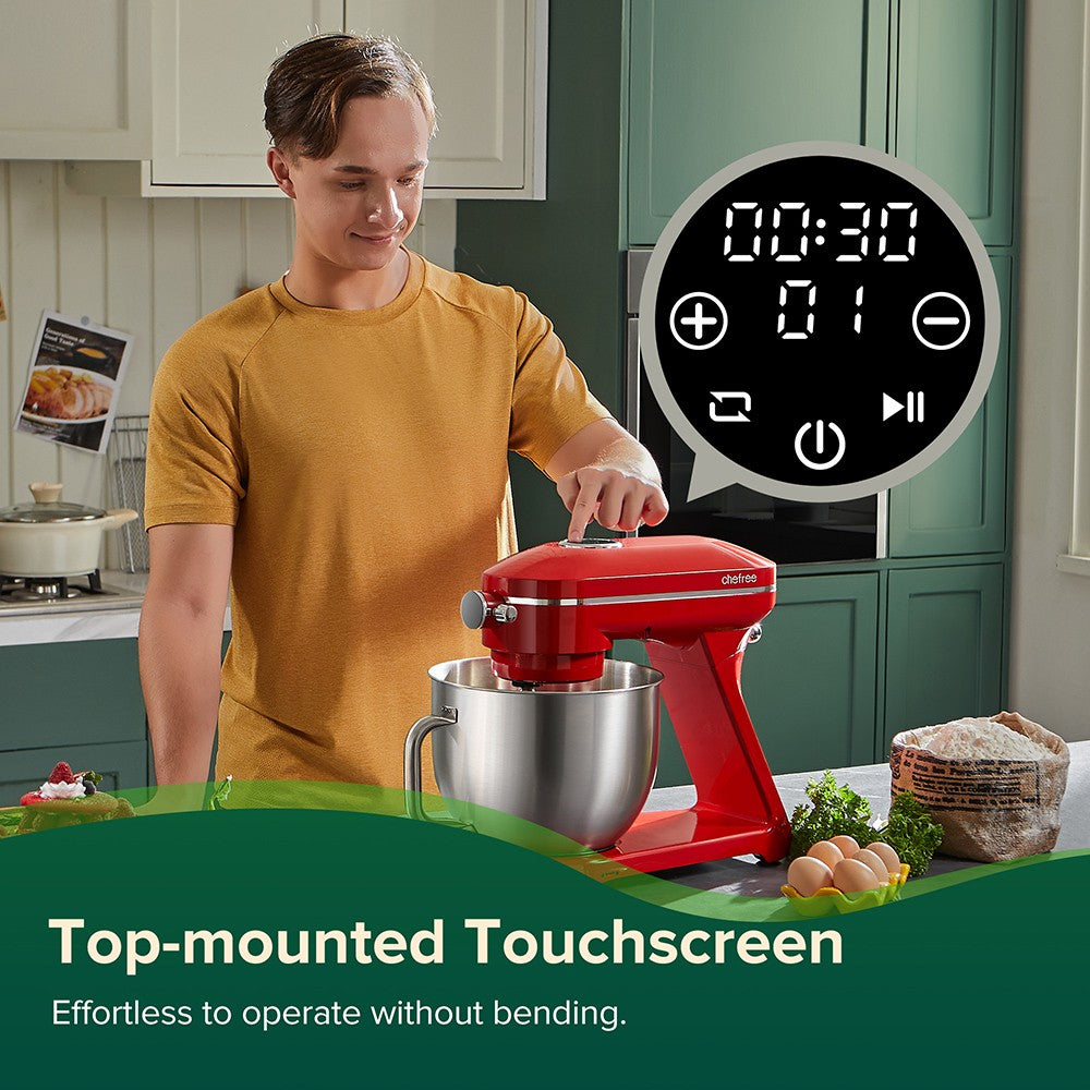 Chefree M500 Kitchen Stand Mixer, 7L Stainless Steel Bowl Dough Machine, 10 Speed Levels, 3 Mixing Attachments, 1800W Power, Red