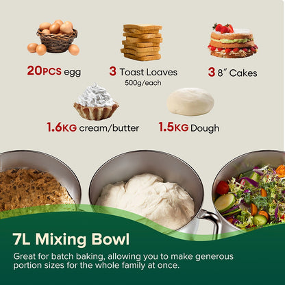 Chefree M500 Kitchen Stand Mixer, 7L Stainless Steel Bowl Dough Machine, 10 Speed Levels, 3 Mixing Attachments, 1800W Power, Red