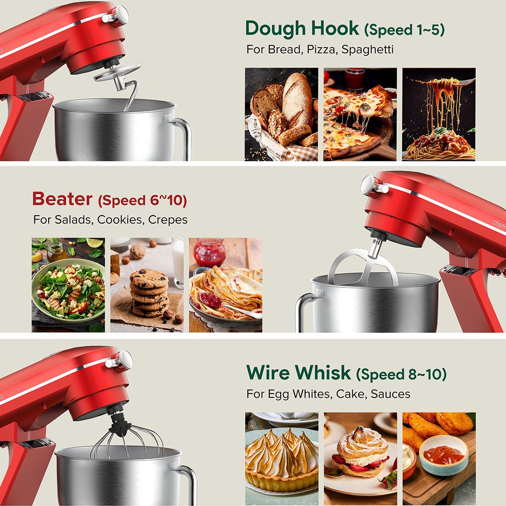 Chefree M500 Kitchen Stand Mixer, 7L Stainless Steel Bowl Dough Machine, 10 Speed Levels, 3 Mixing Attachments, 1800W Power, Red