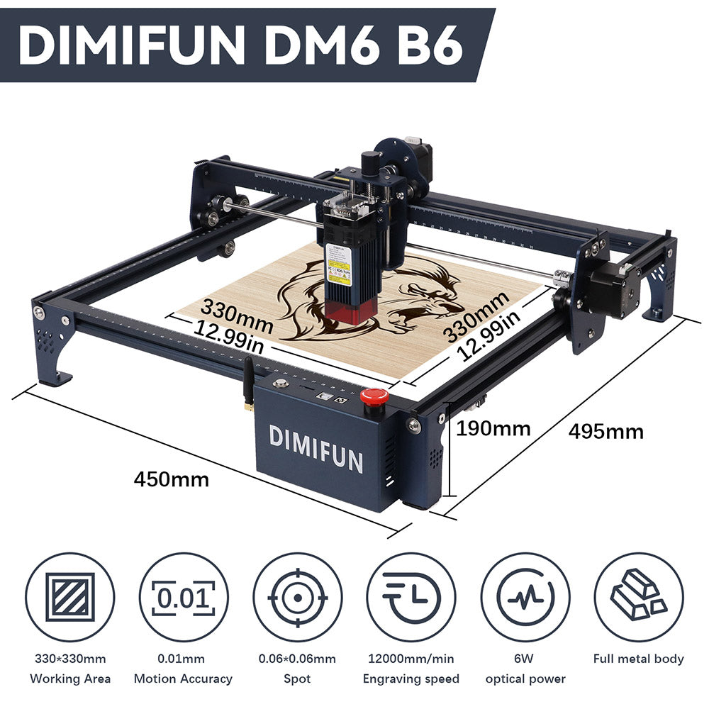 DIMIFUN DM6 B6 6W Laser Engraving Machine, Eye Protection, 0.01mm Accuracy, 0.06mm Spot, 12000mm/min Speed, 330*330mm