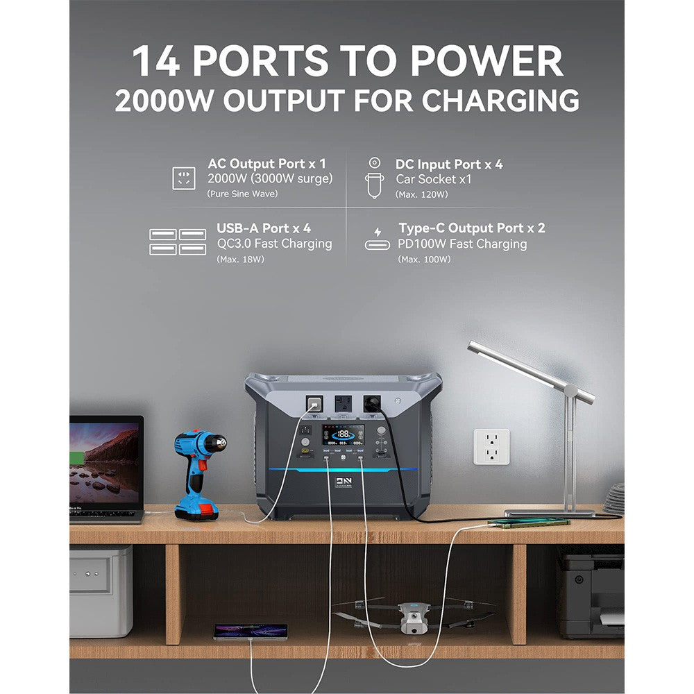 DaranEner NEO2000 Portable Power Station, 2073.6Wh LiFePO4 Battery Solar Generator, 2000W AC Output, 1.8 Hours Full Charge, 14 Ports, Wireless Charging, for Outdoors Camping, Travel, RV, Home Emergency