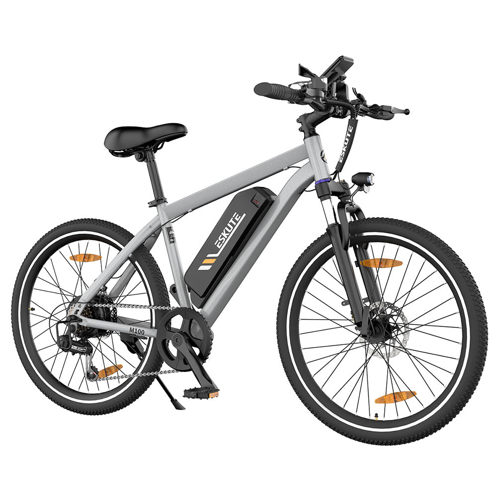 ESKUTE M100 Electric Bike, 250W Brushless Motor, 36V 10.4Ah Removable Battery, 27.5*1.95&quot; Tires, 25km/h Max Speed, 30-55km Range, Disc Brakes, SHIMANO 7-speed, Front Suspension - Silver