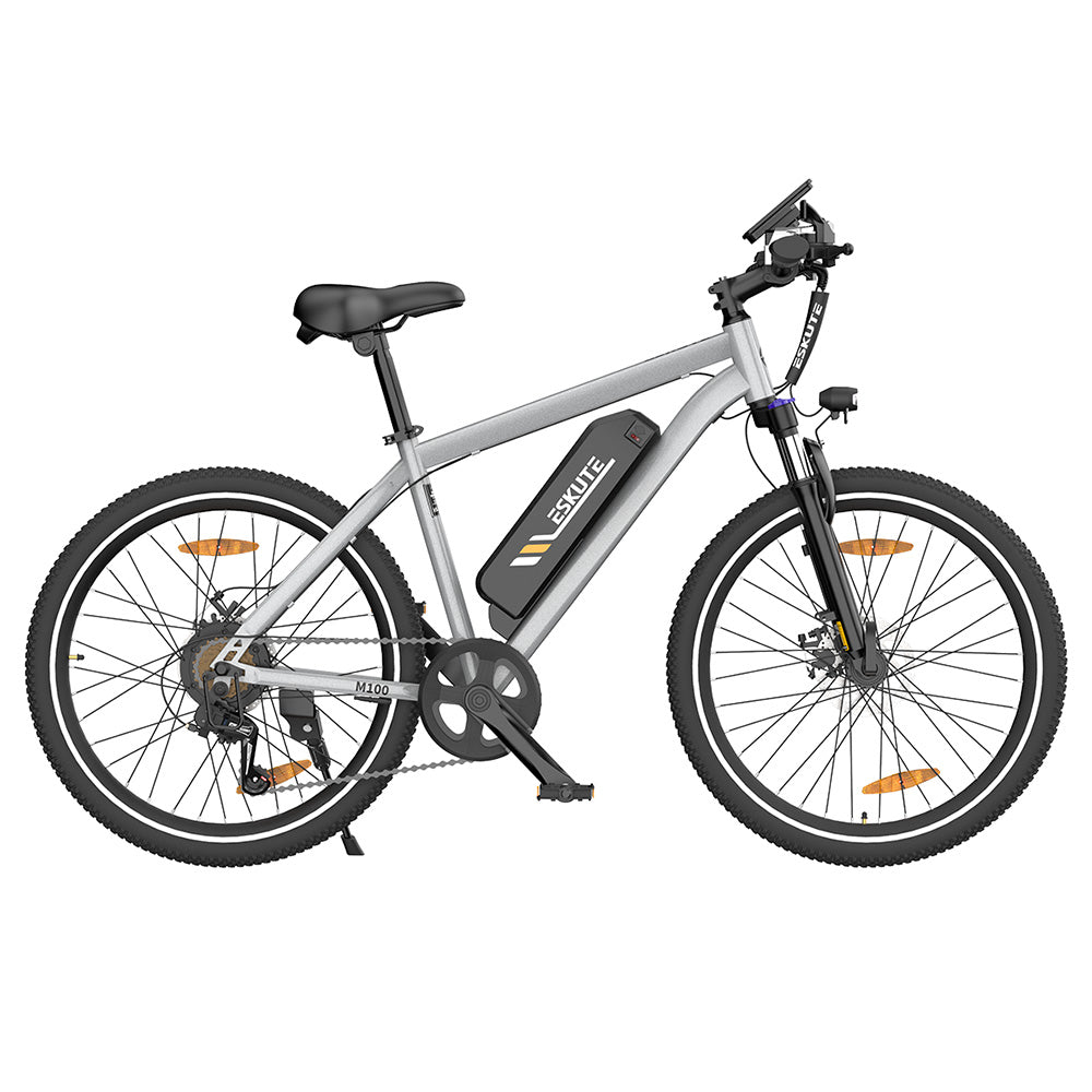 ESKUTE M100 Electric Bike, 250W Brushless Motor, 36V 10.4Ah Removable Battery, 27.5*1.95&quot; Tires, 25km/h Max Speed, 30-55km Range, Disc Brakes, SHIMANO 7-speed, Front Suspension - Silver
