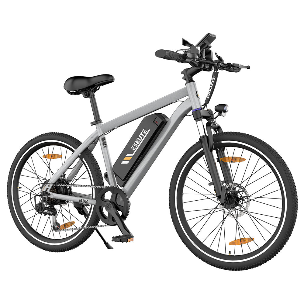 ESKUTE M100 Electric Bike, 250W Brushless Motor, 36V 10.4Ah Removable Battery, 27.5*1.95&quot; Tires, 25km/h Max Speed, 30-55km Range, Disc Brakes, SHIMANO 7-speed, Front Suspension - Silver