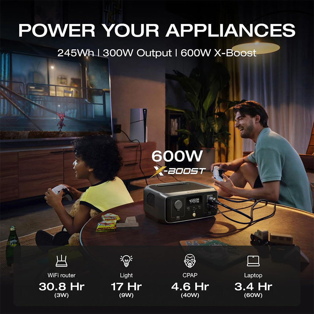 EcoFlow RIVER 3 Portable Power Station, 245Wh LiFePO4 Battery, 300W Up to 600W AC Output, 6 Outlets, &lt;20ms UPS &amp; &lt;30dB, IP54 Waterproof, 1h Fast Charging Solar Generator, for Outdoor/Camping/Home Use