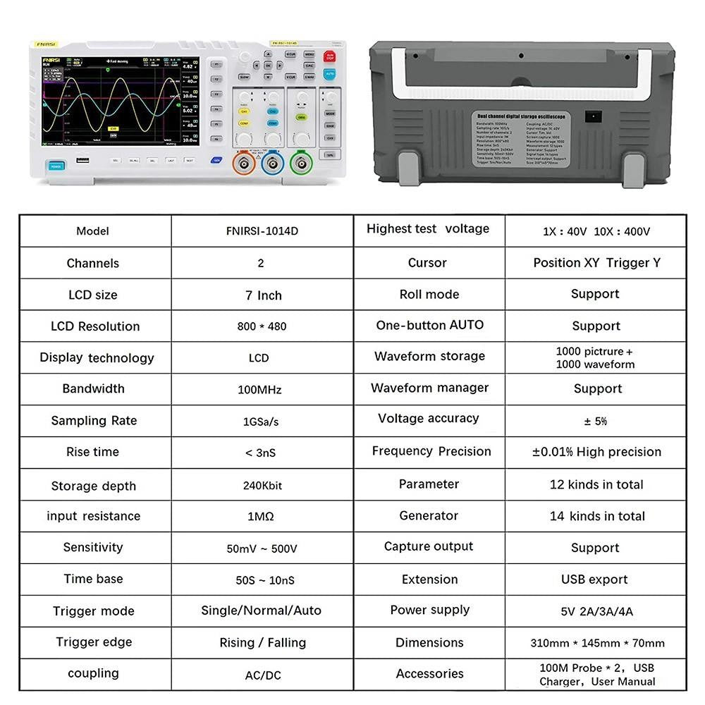 FNIRSI 1014D 2 in 1 Digital Oscilloscope, 2 Channels, 100Mhz Bandwidth, 1GSa/s Sampling Rate,  DDS Signal Generator - EU Plug