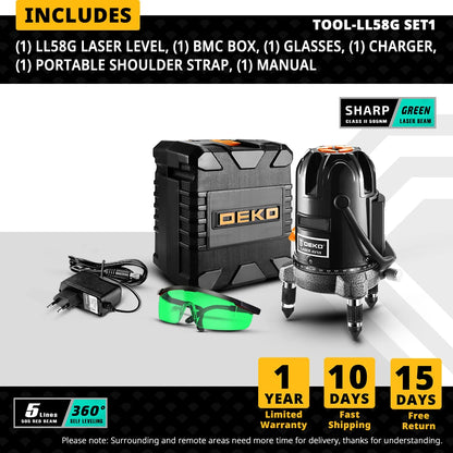 DEKO LL57/58 bodů Červená/zelená laserová vodováha Samonivelační horizontální a vertikální nastavení 360 stupňů Vyšší viditelnost