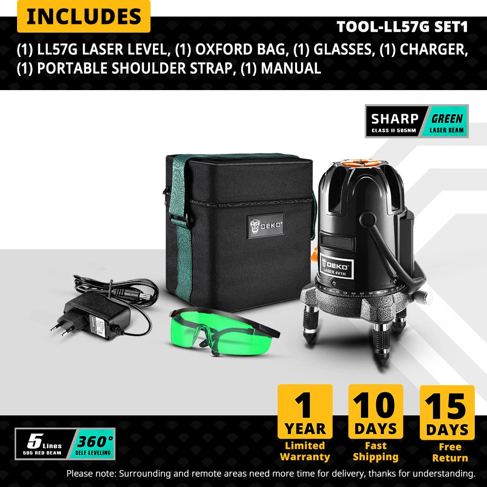 DEKO LL57/58 bodů Červená/zelená laserová vodováha Samonivelační horizontální a vertikální nastavení 360 stupňů Vyšší viditelnost