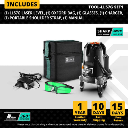 DEKO LL57/58 bodů Červená/zelená laserová vodováha Samonivelační horizontální a vertikální nastavení 360 stupňů Vyšší viditelnost