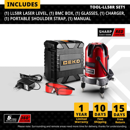 DEKO LL57/58 bodů Červená/zelená laserová vodováha Samonivelační horizontální a vertikální nastavení 360 stupňů Vyšší viditelnost
