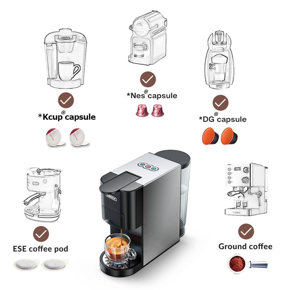 HiBREW H3A 5 in 1 Coffee Machine, 19 Bar Pressure, Cold/Hot Mode, 1000ml Water Tank, Anti-dry Protection - Silver