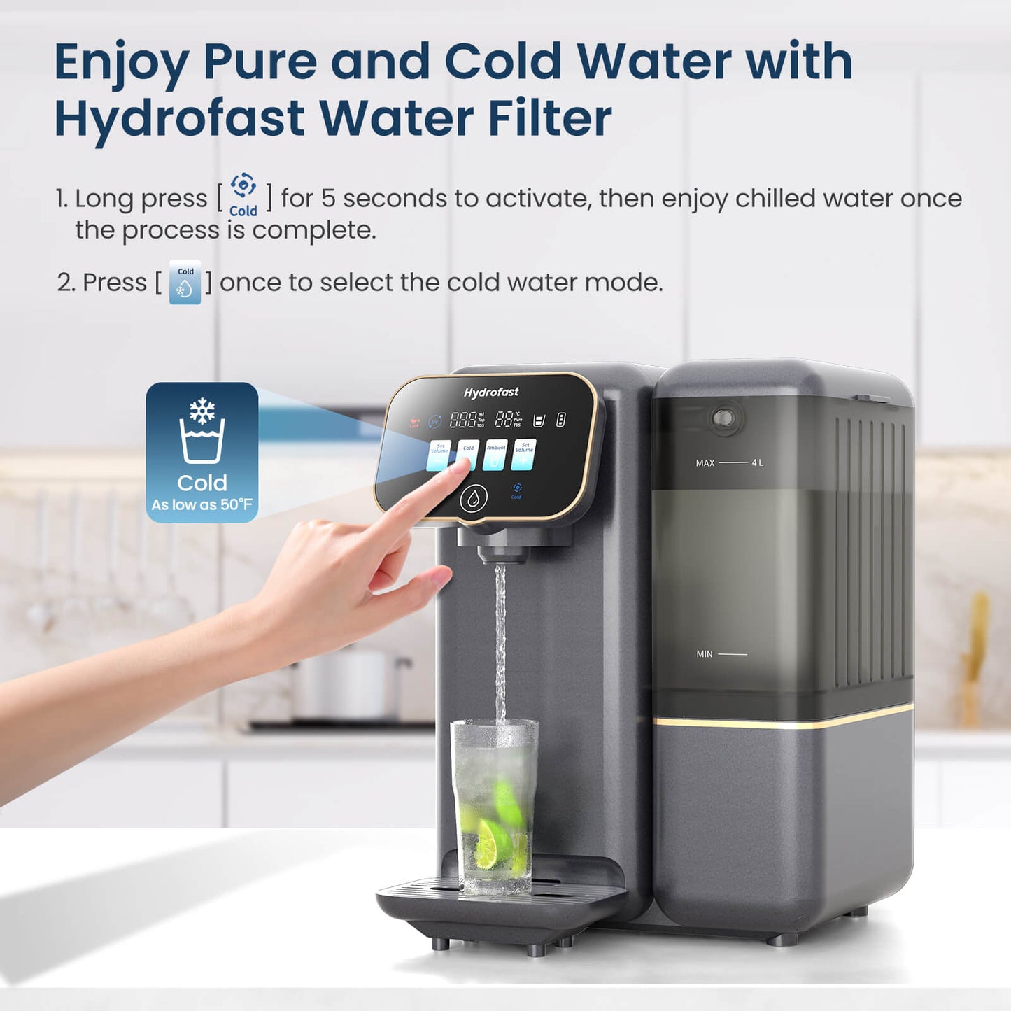 Hydrofast C100 Countertop Water Purifier, Room Temperature &amp; Cold Water, Reverse Osmosis Water Filter for Home, Office
