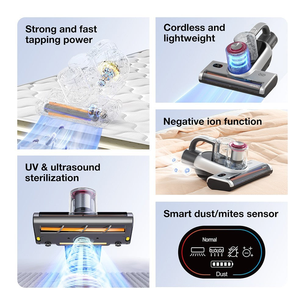 JIMMY BD7 Pro Cordless Double Cup Anti-Mite Vacuum Cleaner, 250W 6Kpa, Bed Vacuum Cleaner, Smart Dust Sensor UV &amp; Ultrasound Technology, Negative Ion Function, 30Mins Runtime, LED Display