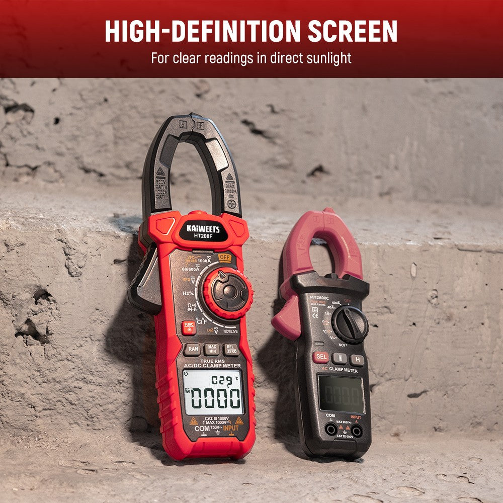 KAIWEETS HT208F Inrush Digital Clamp Meter, 1000A with Backlit, TRMS 6000 Counts, 15min Auto-shutdown, 38mm Large Jaw Design