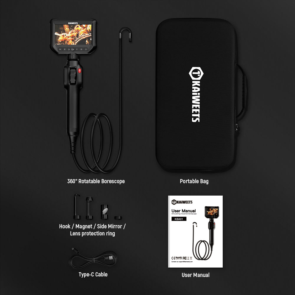 KAIWEETS KBA01 Two-Way Articulating Borescope, 210&#176; Rotatable Camera, 8 LED Lights, 4.3inch Display, 1920*1080P, IP67 Waterproof