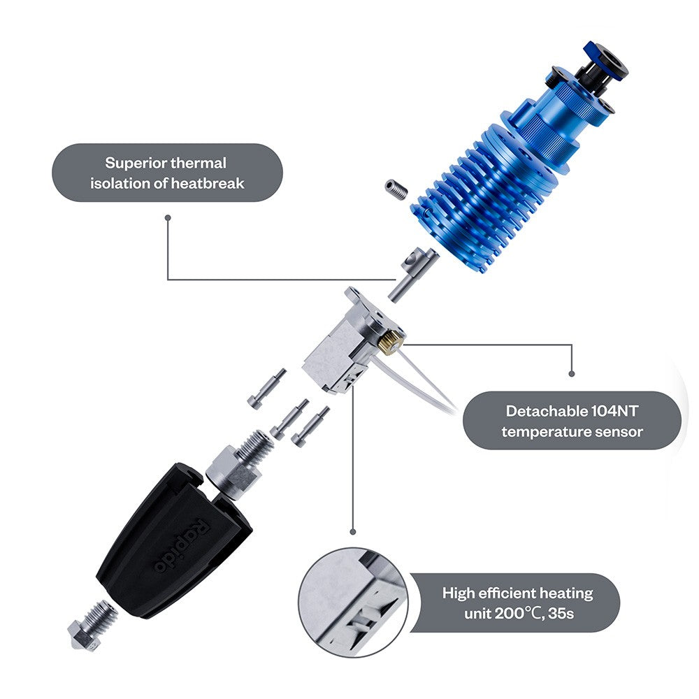 Phaetus Rapido 2.0 HF Hotend, for Prusa 3D Printers and Volcano and V6 Nozzle, 350 Celsius Max Printing Temperature, Compatible with Thermoplastic Filaments and Composite Materials - Blue