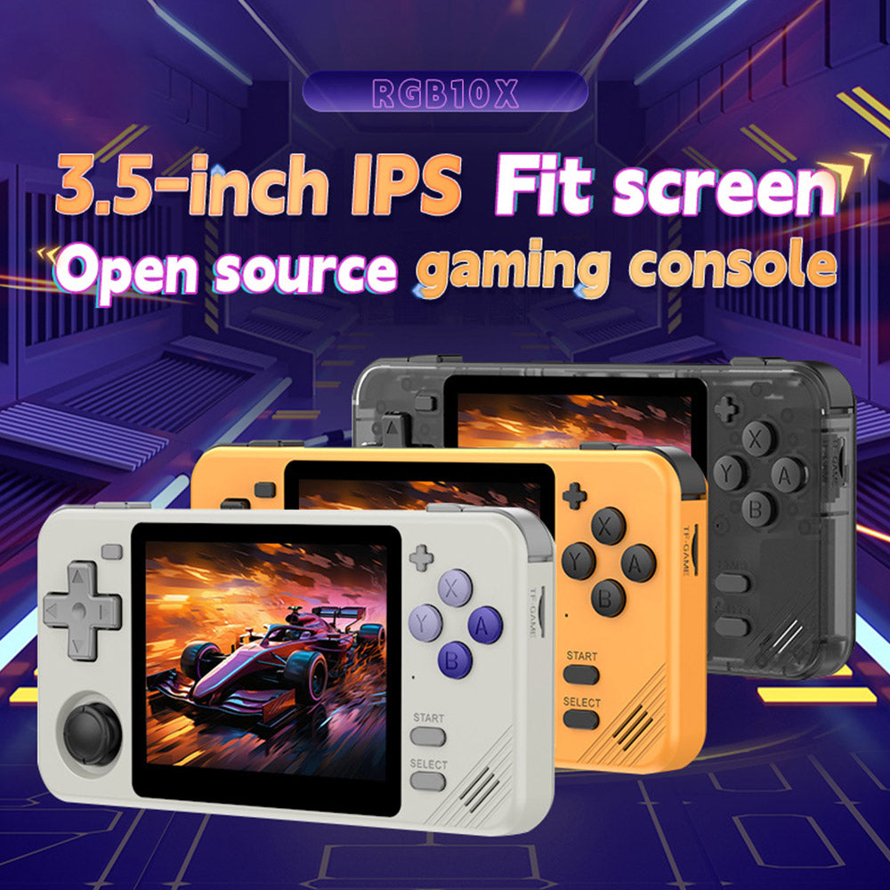 Powkiddy RGB10X Handheld Game Console, Open Source Linux, 3.5-inch 640*480 IPS Screen, 64GB TF Card, 64-bit 3D Simulators, 6 Hours Autonomy - Grey