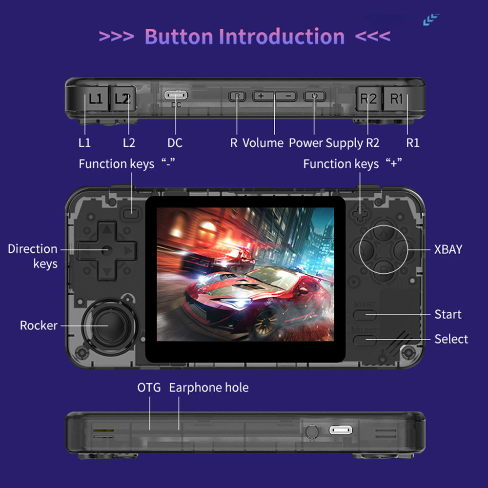 Powkiddy RGB10X Handheld Game Console, Open Source Linux, 3.5-inch 640*480 IPS Screen, 64GB TF Card, 64-bit 3D Simulators, 6 Hours Autonomy - Grey