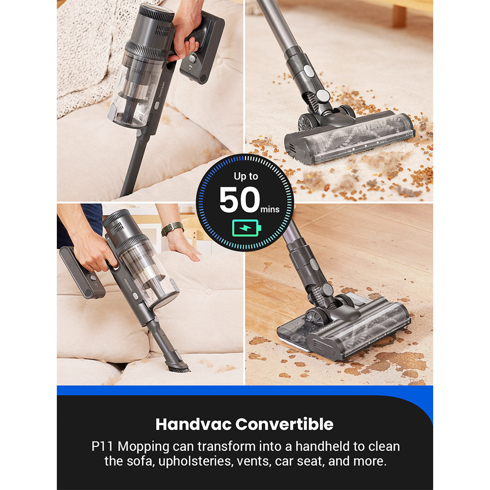 Proscenic P11 Mopping Cordless Vacuum Cleaner, 35KPa Suction, 0.65L Dustbin, 5-Stage Filtration System, 2000mAh Detachable Battery, Up to 50 Mins Runtime, Touch Screen