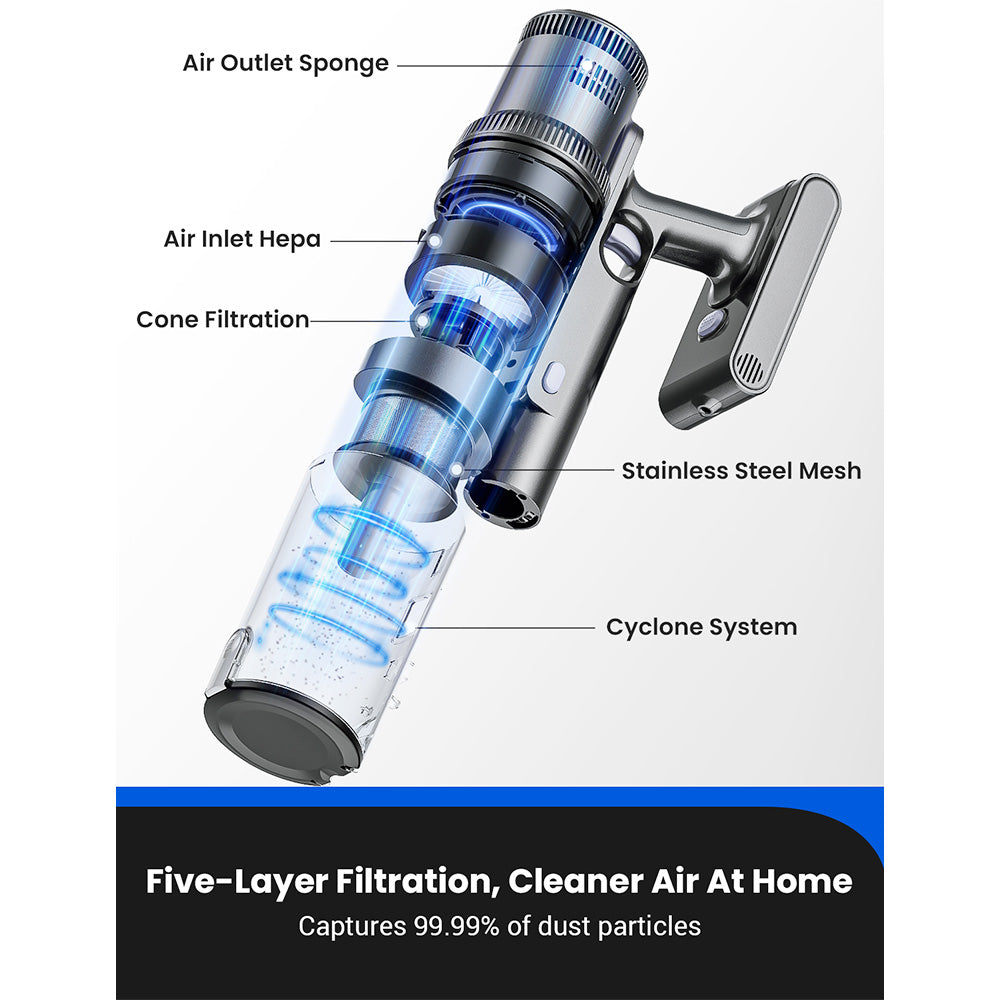 Proscenic P11 Mopping Cordless Vacuum Cleaner, 35KPa Suction, 0.65L Dustbin, 5-Stage Filtration System, 2000mAh Detachable Battery, Up to 50 Mins Runtime, Touch Screen