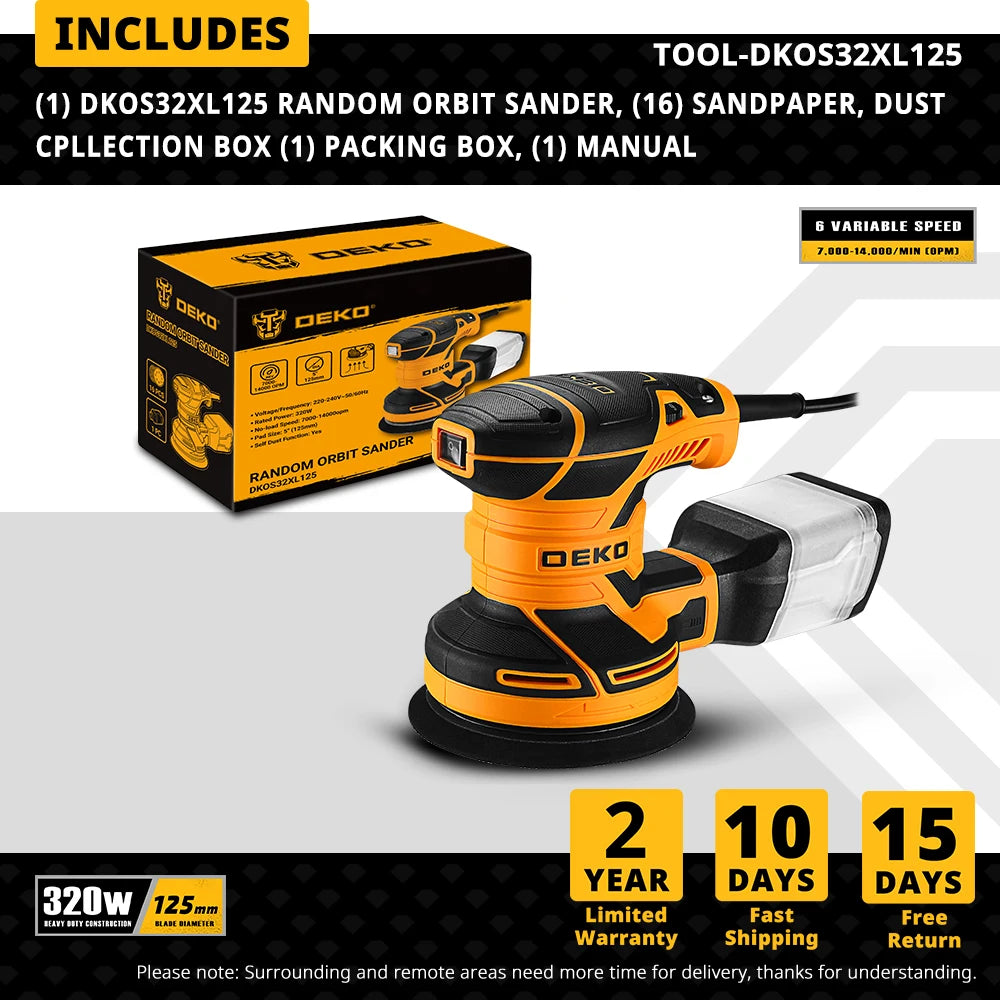 DEKO DKOS32XL125 320W Rychlost 14000pm Random Orbit Sander Domácí DIY Carpenter Strong Dust Collection Leštička