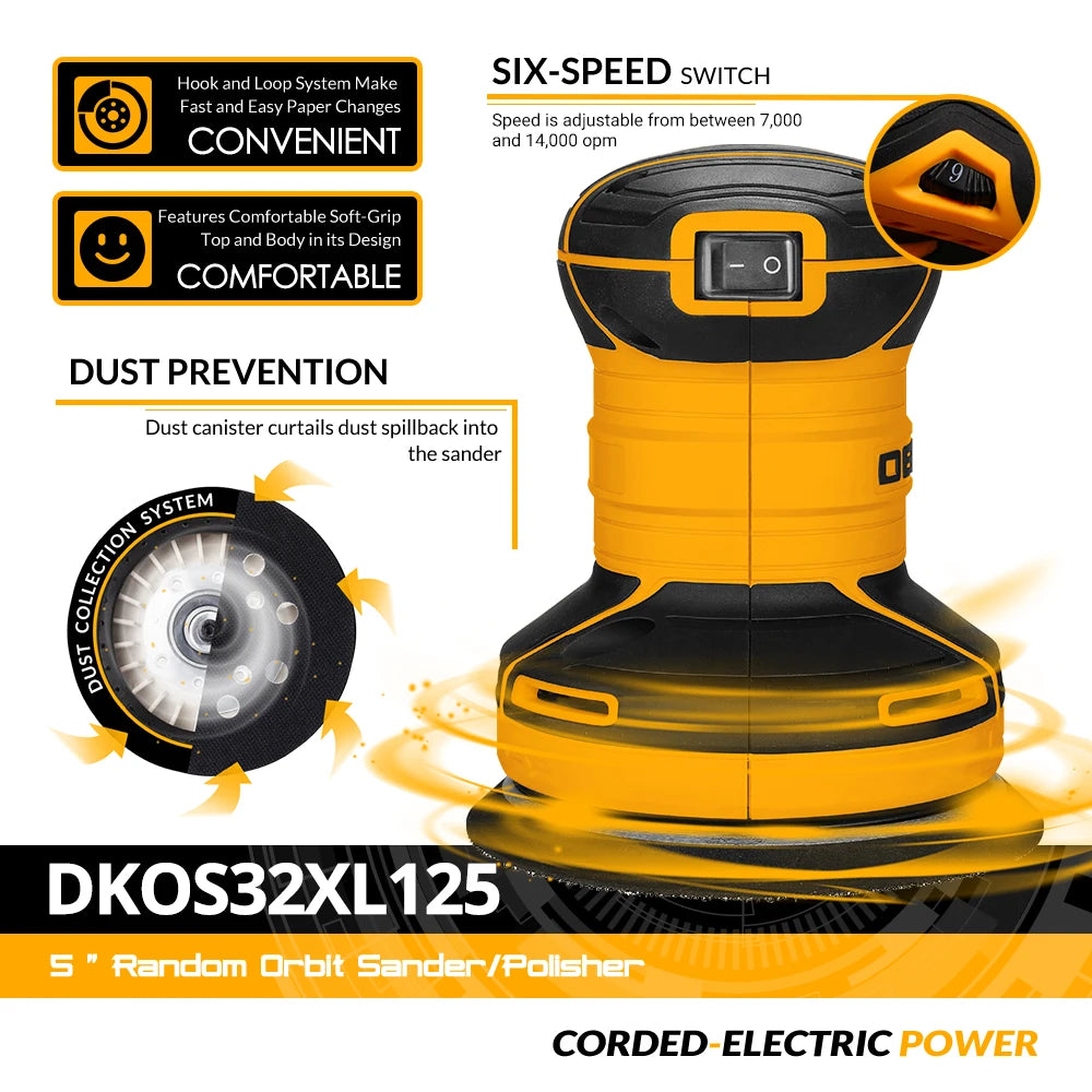 DEKO DKOS32XL125 320W Rychlost 14000pm Random Orbit Sander Domácí DIY Carpenter Strong Dust Collection Leštička