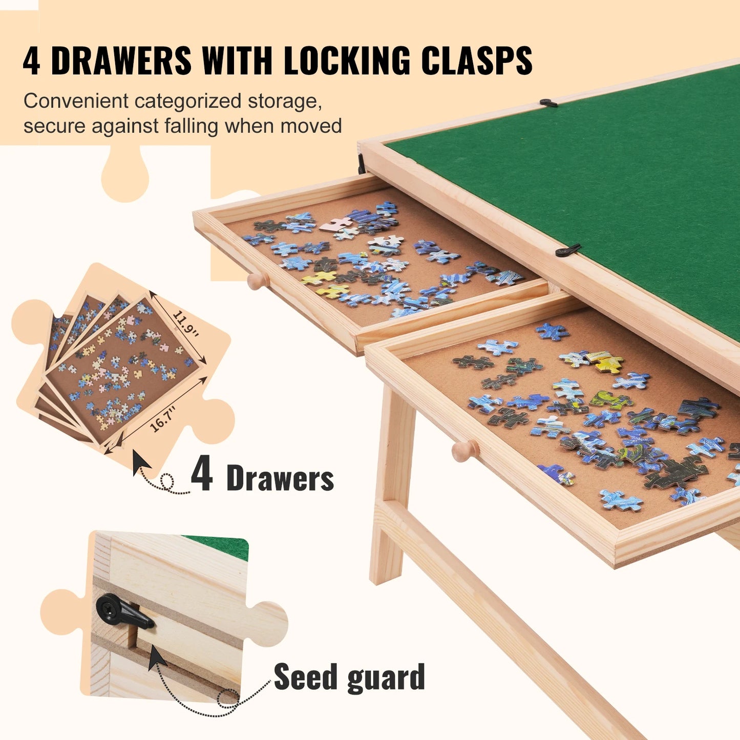 VEVOR 1500dílný puzzle stůl se skládacími nohami, 4 zásuvkami a krytem Dřevěná plošina na puzzle pro dospělé Dárek pro maminku