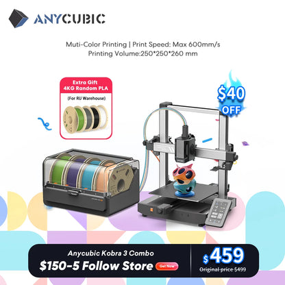 ANYCUBIC Kobra 3 kombinovaná vícebarevná 3D tiskárna FDM s maximální rychlostí tisku 600 mm/s Velikost sestavení 250 x 250 x 260 mm Tisk ve 4 až 8 barvách