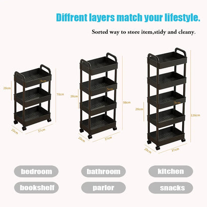 3/4/5 patrový pojízdný užitkový vozík s háčky Stojan na knihy s brzdami Snadná montáž do kuchyně, kanceláře, koupelny
