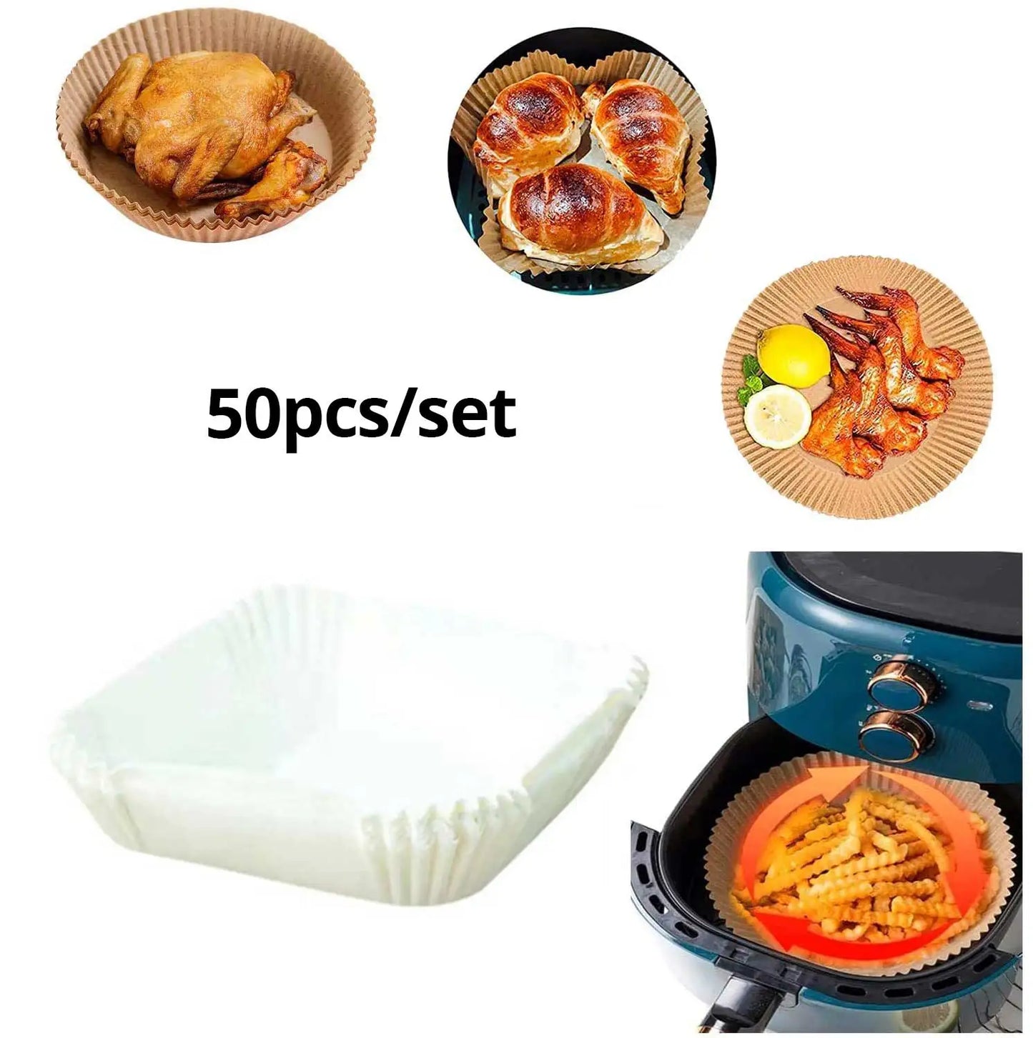 50ks/set Jednorázová papírová vložka do fritézy 23CM Vodotěsná vzduchová fritéza odolná vůči oleji Jednorázové zásobníky na papír na pečení Pečící papír