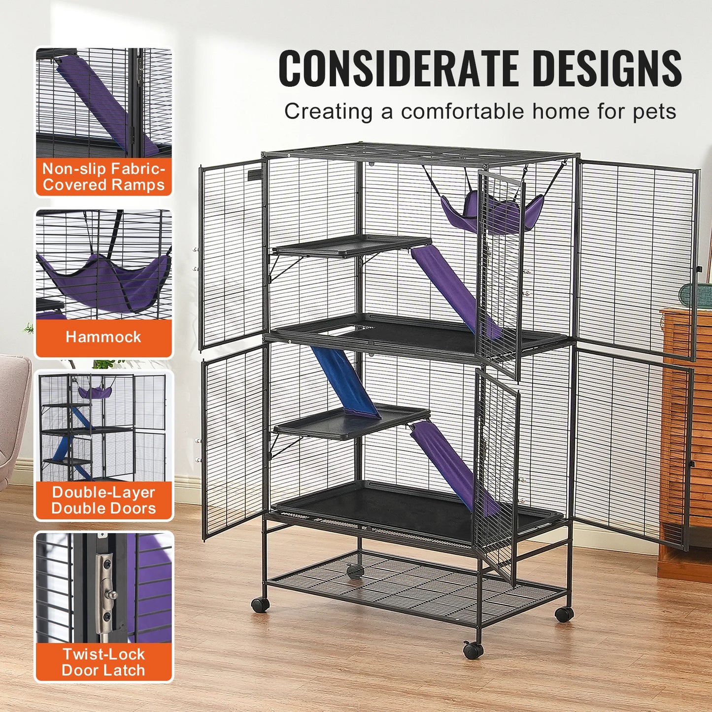 VEVOR 64,6" rolovací kovová klec pro fretky Velká 4patrová klec pro zvířata Critter Nation Malá klec pro krysy Křeček Guinea Činčila