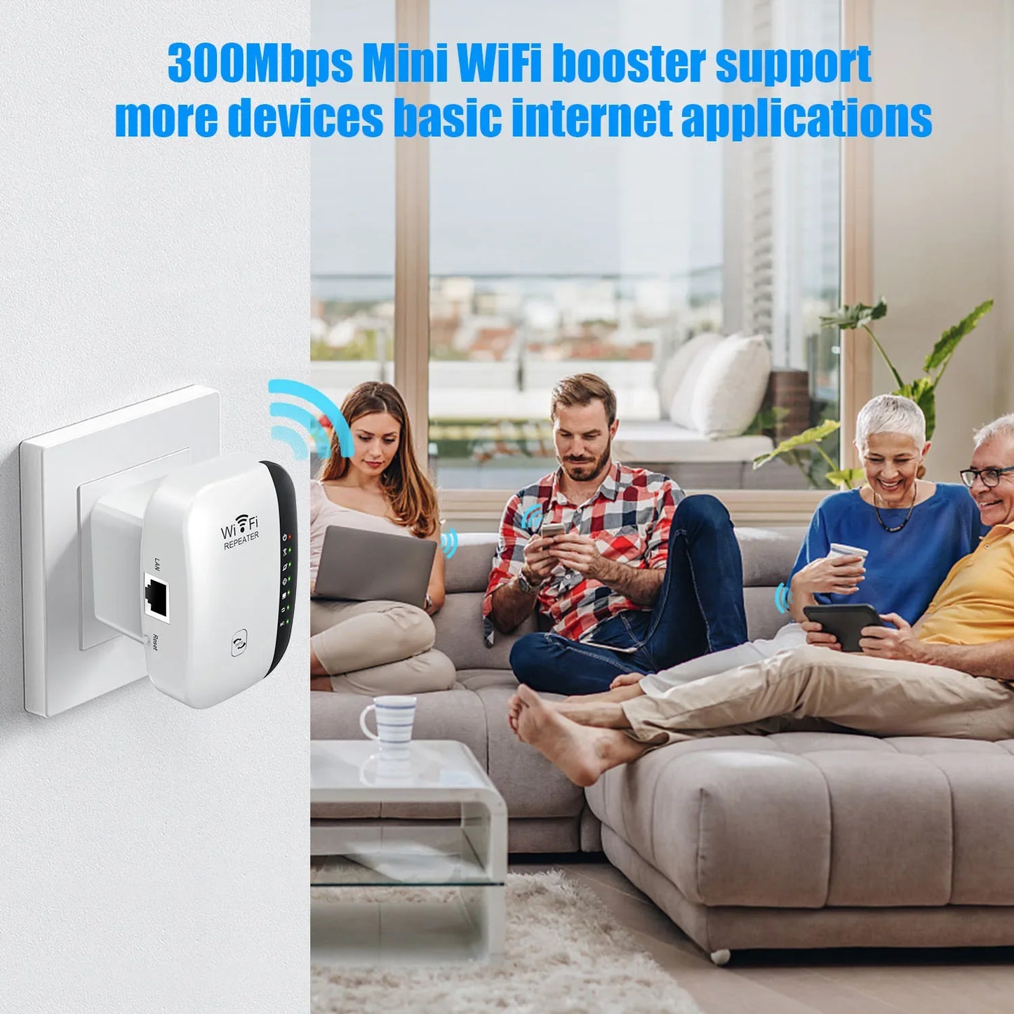 Bezdrátový WiFi opakovač 300Mbps WiFi Extender zesilovač Booster Router 802.11N WPS s dlouhým dosahem 7 stavového světla WiFi opakovač pro PC