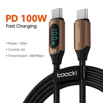 Kabel Toocki Type C to Type C 100W PD rychlonabíjecí nabíječka USB C to USB C Display kabel pro Xiaomi POCO F3 Realme Macbook iPad