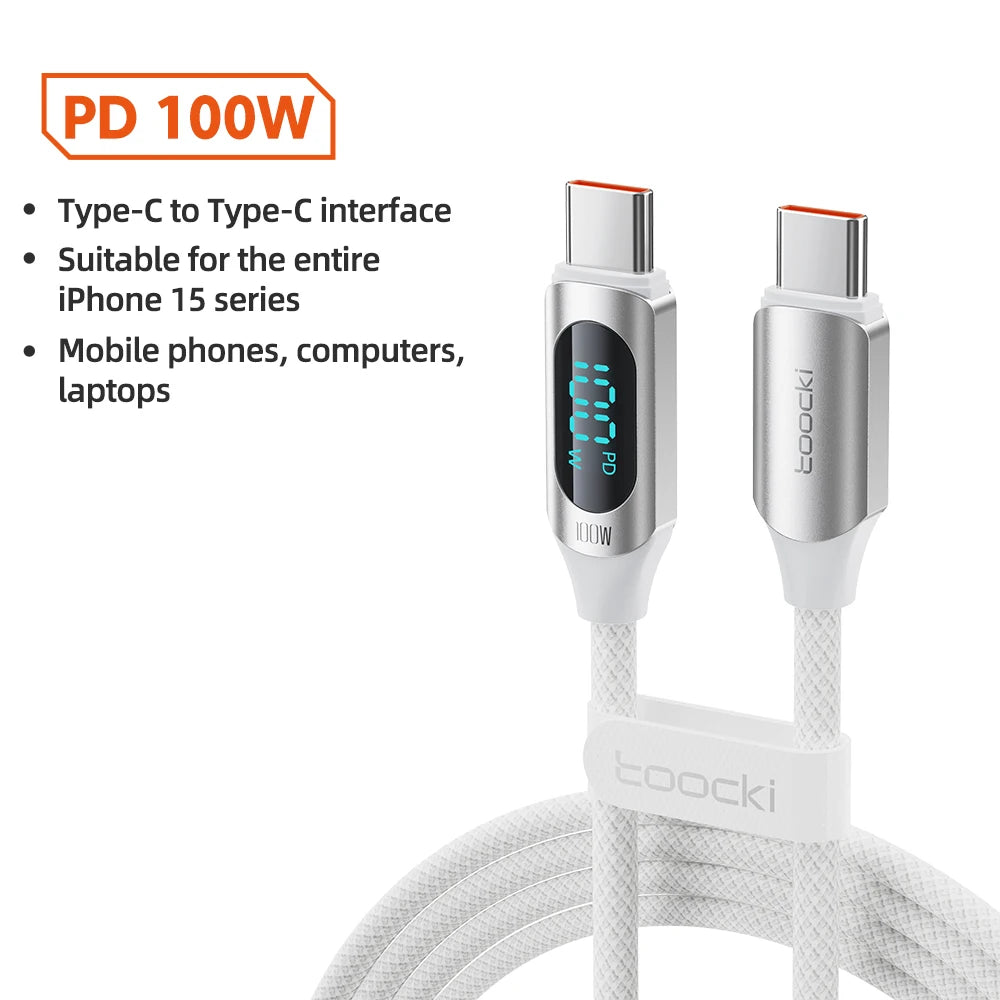 Kabel Toocki Type C to Type C 100W PD rychlonabíjecí nabíječka USB C to USB C Display kabel pro Xiaomi POCO F3 Realme Macbook iPad