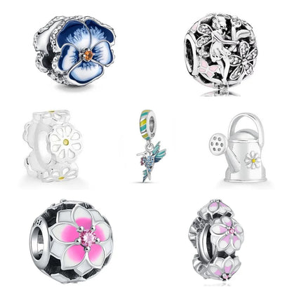 2024 Nový jarní přívěsek s modrým květem ptáček Diy Bead Fit Evropský náramek 925 Sterling Silver Šperky Příslušenství