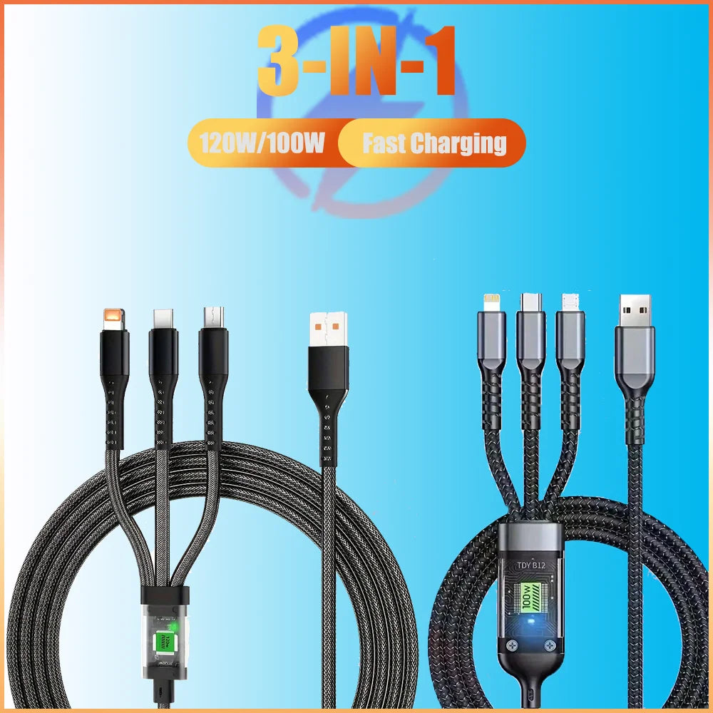Datový kabel 3-V-1 120W/100W pro iPhone 15-7 Kabel pro rychlé nabíjení USB to TypeC 8pin Mirco USB pro Samsung Huawei Xiaomi USB C