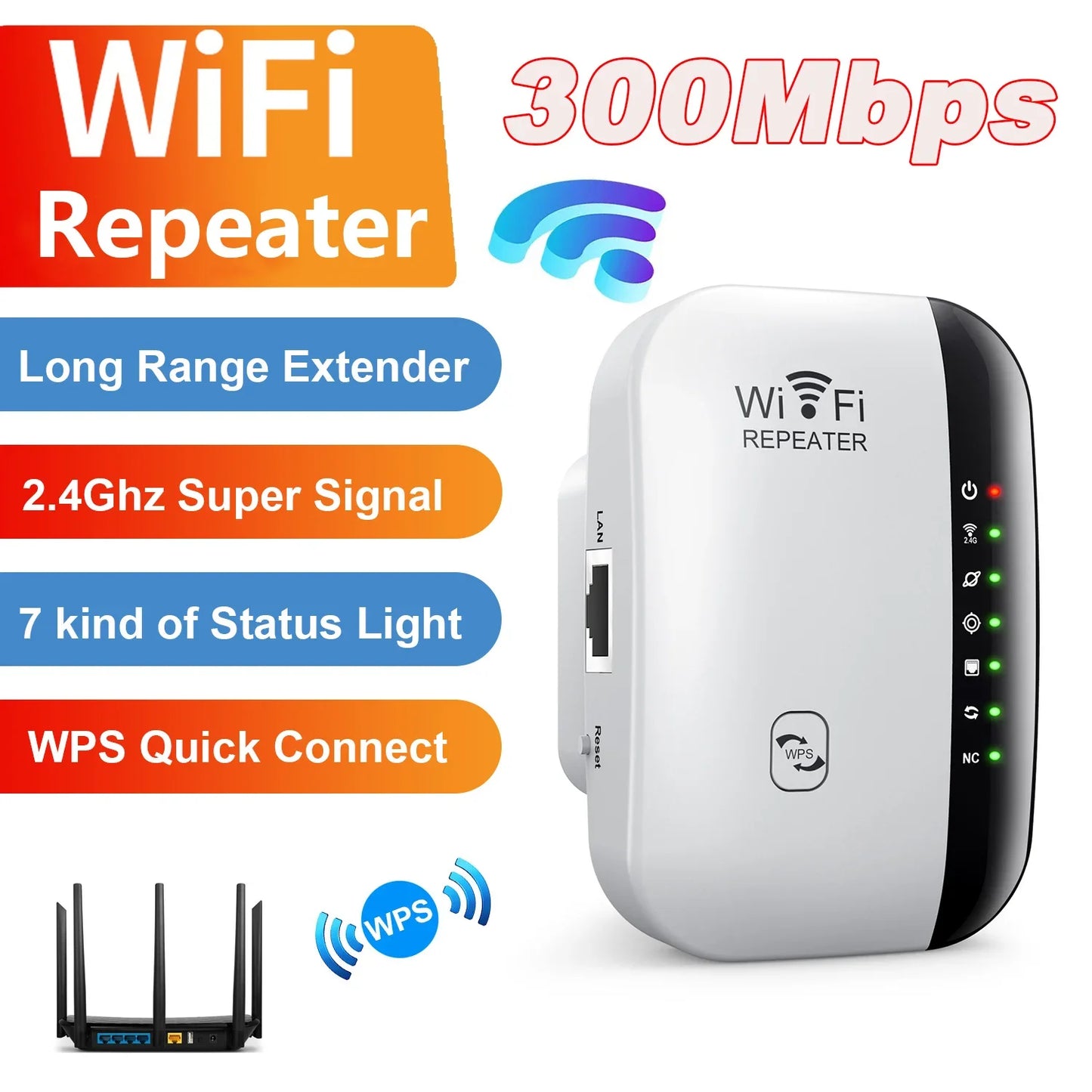 Bezdrátový WiFi opakovač 300Mbps WiFi Extender zesilovač Booster Router 802.11N WPS s dlouhým dosahem 7 stavového světla WiFi opakovač pro PC