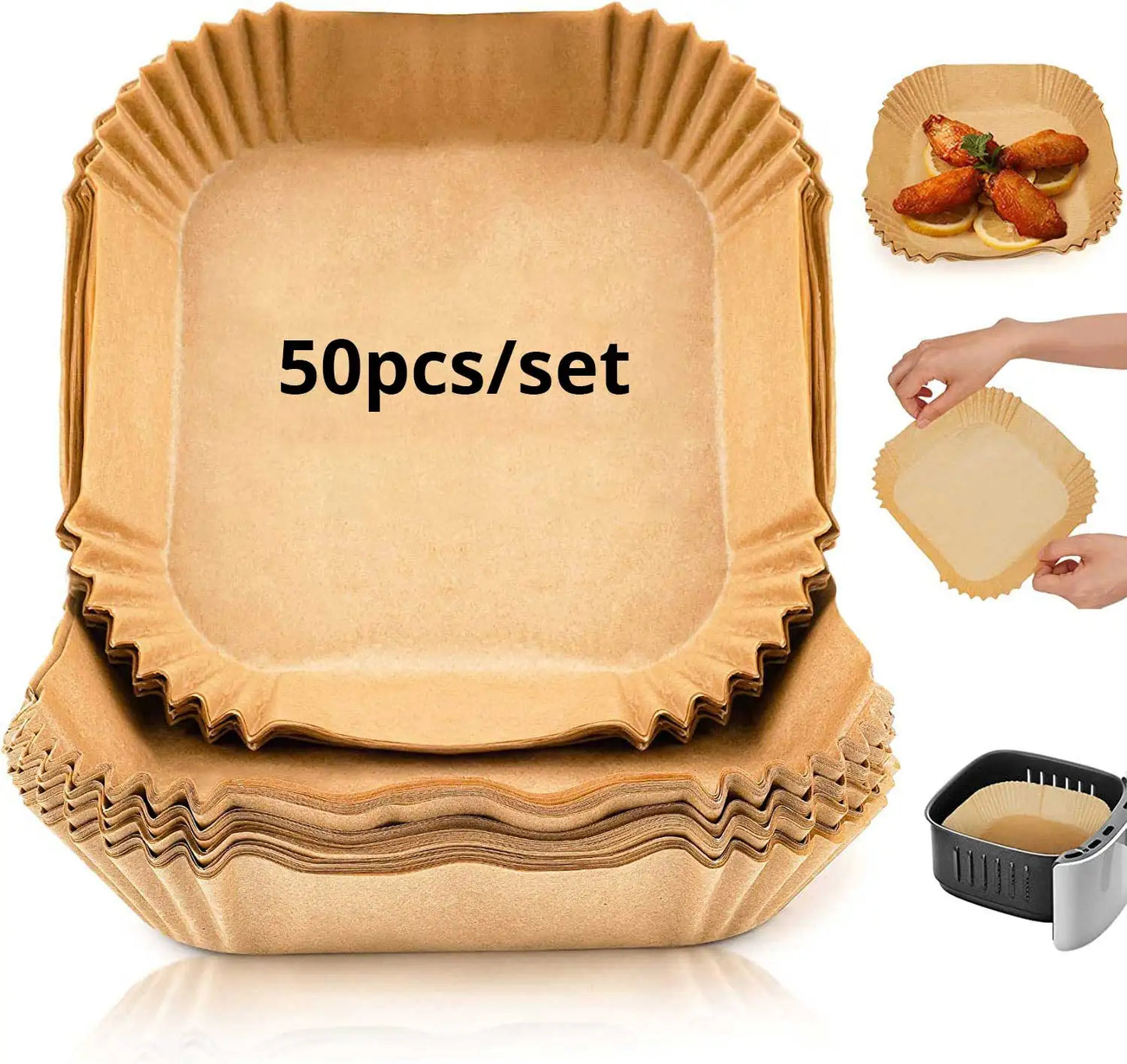 50ks/set Jednorázová papírová vložka do fritézy 23CM Vodotěsná vzduchová fritéza odolná vůči oleji Jednorázové zásobníky na papír na pečení Pečící papír